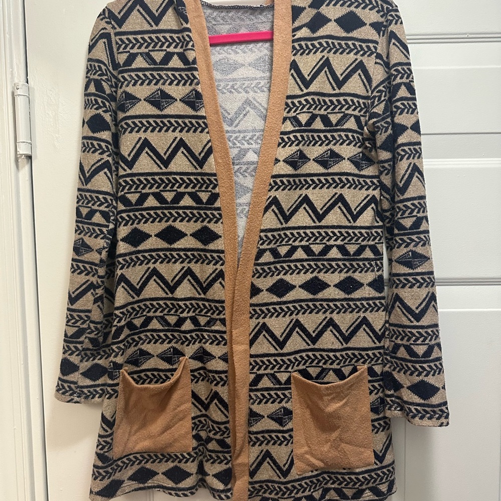 Geometric Patterned Tan and Navy Blue Women's Cardigan